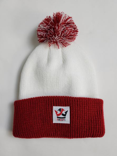 Pom Pom Beanie Weiß/Rot