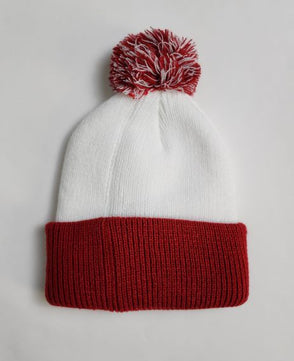 Pom Pom Beanie Weiß/Rot